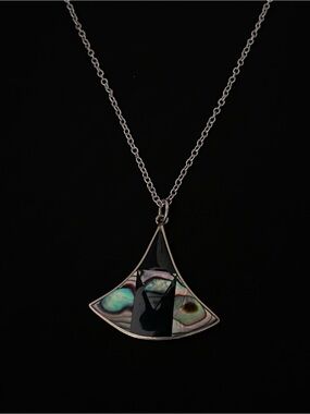 Silver-Tone Abalone Fan Pendant Necklace - Iridescent Green/Beige/Black